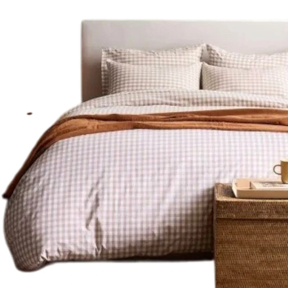 New! Quince Queen Organic Crisp Classic Percale Cotton Gingham Duvet Cafe